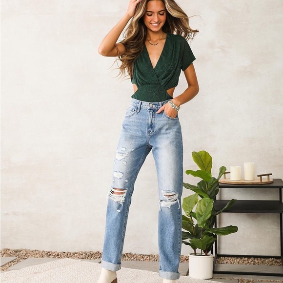 Privy Dark Green Sparkle Mesh Cut-Out Bodysuit - Picture 3 of 10